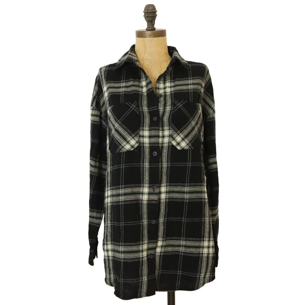 BP Nordstrom Juniors Flannel Top Size XS Button Down Plaid Black Casual NEW B87